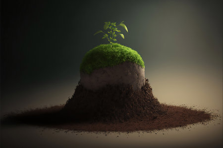 Green sprout growing from soil on dark background, 3d render generative aiの素材