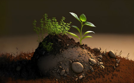 Green sprout growing from soil on dark background. 3d illustration generative aiの素材