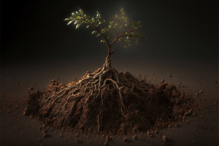 3d rendering of a green tree growing in the ground with roots generative aiの素材