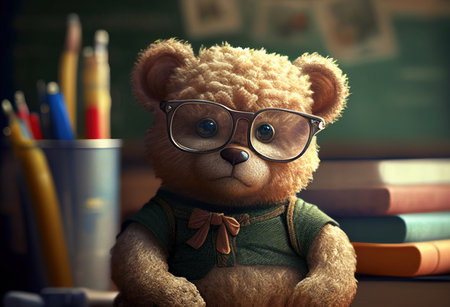 Teddy bear with glasses and books on the background of the classroom generative aiの素材