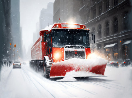 Snow plow on a city street during a blizzard. 3d rendering generative aiの素材