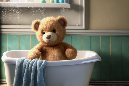 Teddy bear sitting in bathtub with towel on bedside table generative aiの素材