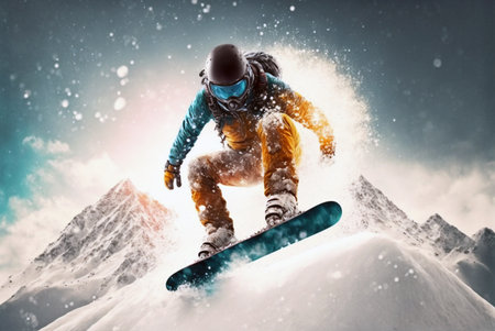 Snowboarder jumping high in mountains. Mixed media. Mixed media generative aiの素材