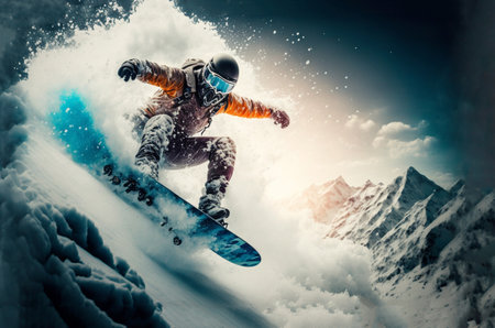 Flying snowboarder on mountains. Extreme winter sport. 3D Rendering generative aiの素材