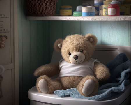 Teddy bear sitting on a washing machine in a childrens room generative aiの素材