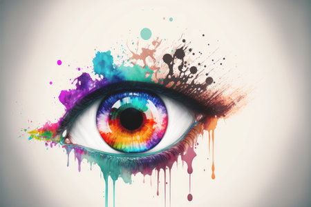 Close up of woman's eye with colorful paint splashes on it generative aiの素材