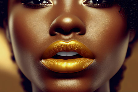 Beautiful golden lips of African American woman closeup. 3D rendering generative aiの素材