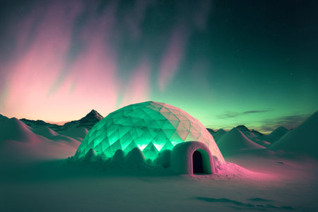 Illuminated igloo in the snowy mountains. 3d rendering generative aiの素材