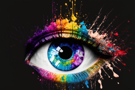 Close up of woman's eye with colorful paint splashes on it generative aiの素材
