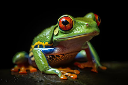 Red eyed tree frog showcases its vibrant orange and green colors, while emphasizing its distinctive red eyesの素材
