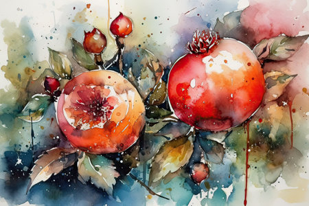 Watercolor painting of pomegranates with leaves and berries. generative aiの素材