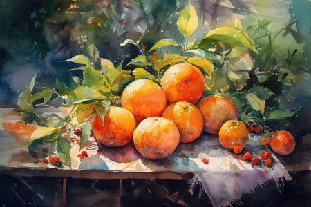 Tangerines on the table in the garden. Watercolor painting generative aiの素材