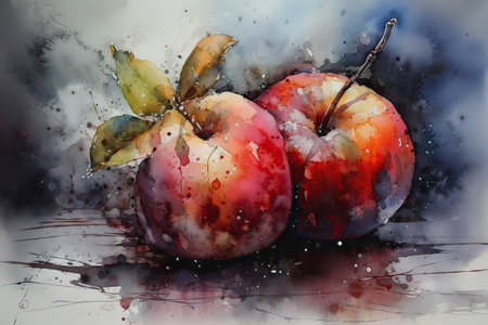 Watercolor painting of two red apples with splashes and drops. generative aiの素材