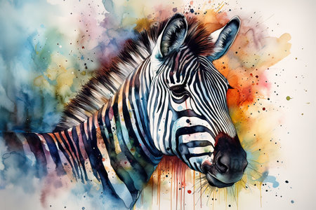 Watercolor painting of zebra head on abstract watercolor background. generative aiの素材