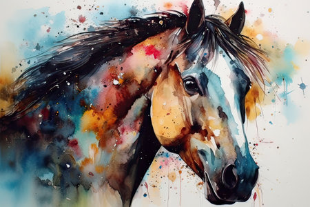 Horse portrait with watercolor splashes. Horse painting on canvas generative aiの素材