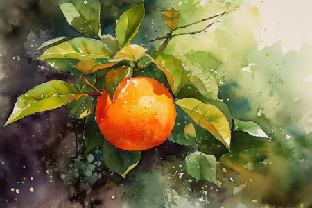 Orange fruit on the tree. Watercolor painting. Illustration. generative aiの素材