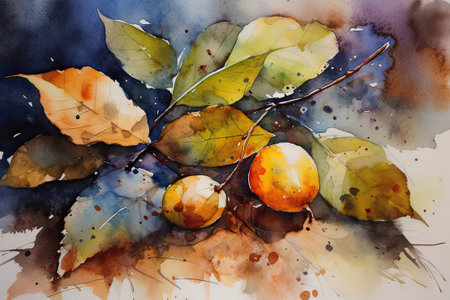 Watercolor autumn still life with leaves and fruits on watercolor background generative aiの素材
