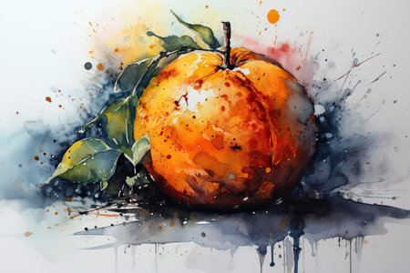 Watercolor painting of an orange fruit on a white background with watercolor stains. generative aiの素材