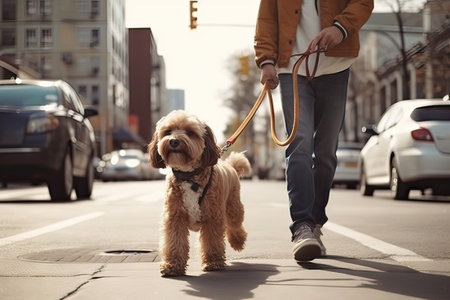 Various people walking their dogs outdoors, enjoying quality time and exercise together.の素材
