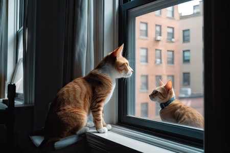 Dogs and cats living in city apartments, enjoying time alone and with their human friends.generative AIの素材