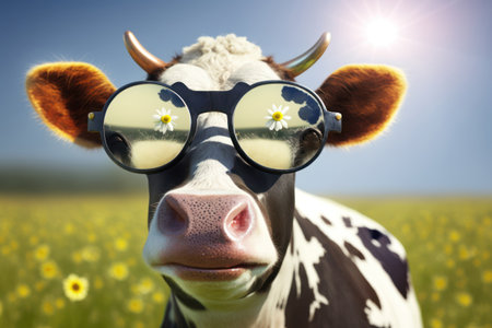 Funny cow with round glasses on the background of a field of flowers generative ai generative aiの素材