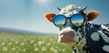 Funny cow in sunglasses on the meadow with daisies generative aiの素材
