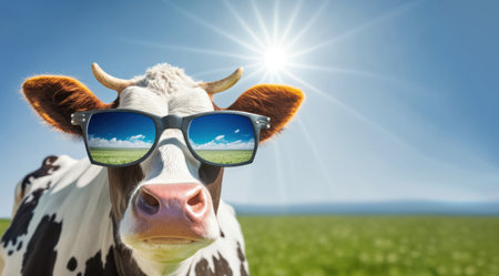 Close-up of cow wearing sunglasses against green field under blue sky generative aiの素材