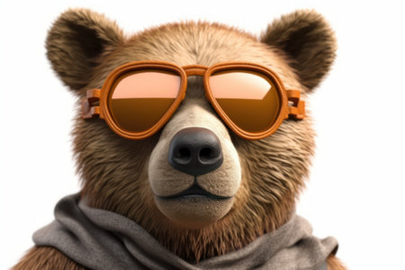 Close-up of brown bear wearing sunglasses and scarf on white background generative aiの素材