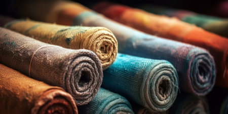 Rolls of colorful fabric, close-up, selective focus. generative aiの素材