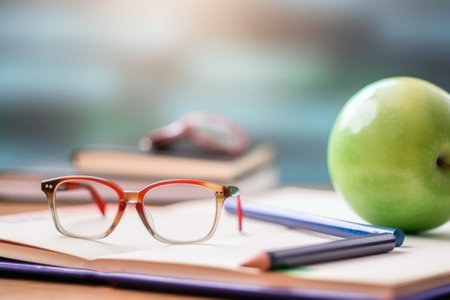 Close up of glasses and green apple on desk. Education concept. generative aiの素材