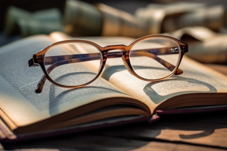 Glasses and books on a wooden table. Selective focus. generative aiの素材
