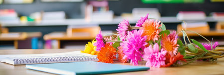 Selective focus of notebook with flower bouquet on table in classroom generative aiの素材