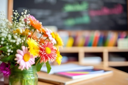 Bouquet of colorful flowers in vase on table in classroom generative aiの素材