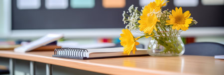 Bouquet of yellow daffodils and a notebook on the desk generative aiの素材