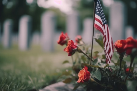 American Flag and Rose in Cemetery. Selective focus. Vintage tone. generative aiの素材