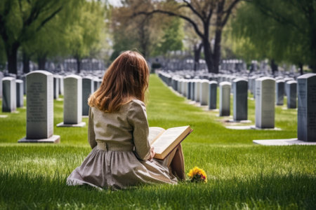 Young woman reading a book on the grave of an old military cemetery generative aiの素材