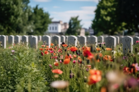 Old Jewish cemetery with red poppies and crosses in the foreground generative aiの素材