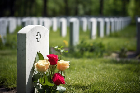 Graves in a cemetery with roses in the foreground, shallow depth of field generative aiの素材