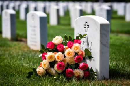White gravestone with red roses on green grass at a military cemetery generative aiの素材