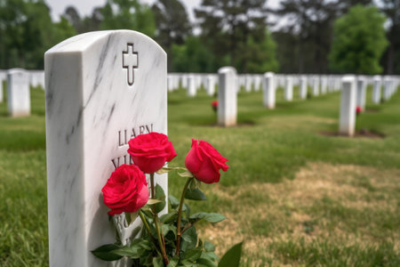 Red roses on a gravestone at a military cemetery in the United States generative aiの素材