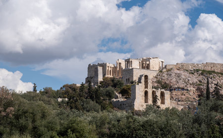 Greece Archeological destination. Areopagus Hill in Athens under cloudy sky. Areios Pagos is a rock at northwest of ancient Acropolis.の写真素材