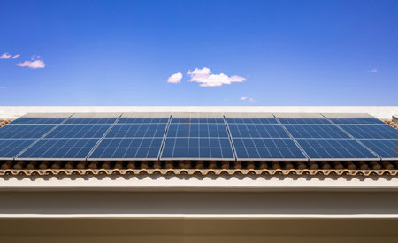 Solar Autonomous Photovoltaic Panel on house tile rooftop. Alternative ecological renewable electric...