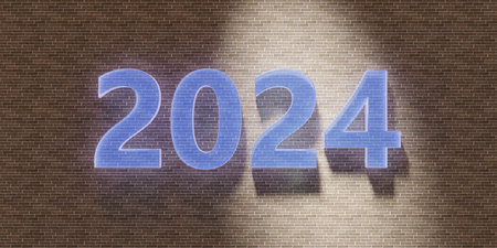 2024 New Year, transparent blue number on brown brickwall background, texture. Construction industry card template. 3d renderの写真素材