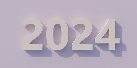 2024 Happy New Year greeting card template. White color number digit on light purple background....
