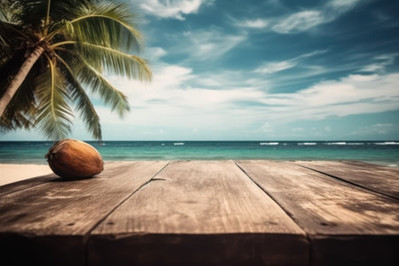 A wooden table set against a picturesque tropical beach backgroundの素材