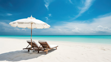 Beach chairs and umbrella on white sand beach with turquoise sea generative aiの素材