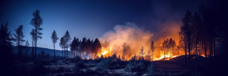 Forest fire at night. Panoramic view of forest fire. generative aiの素材