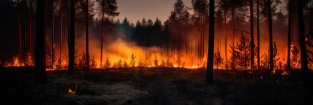 Forest fire. Burning dry grass and trees in the forest at night. generative aiの素材