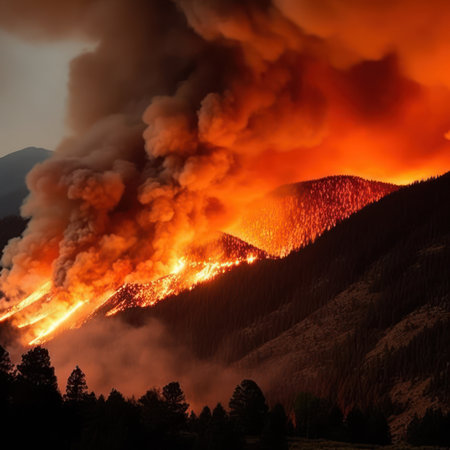 Forest fire in the mountains at sunset. Natural disaster. Fire in the mountains. generative aiの素材