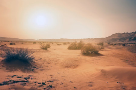 Desert landscape with sand dunes at sunset. Vintage style. generative aiの素材